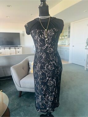 Maggy London Black Lace Midi Dress with Sheer Yoke and Pearl Pendant